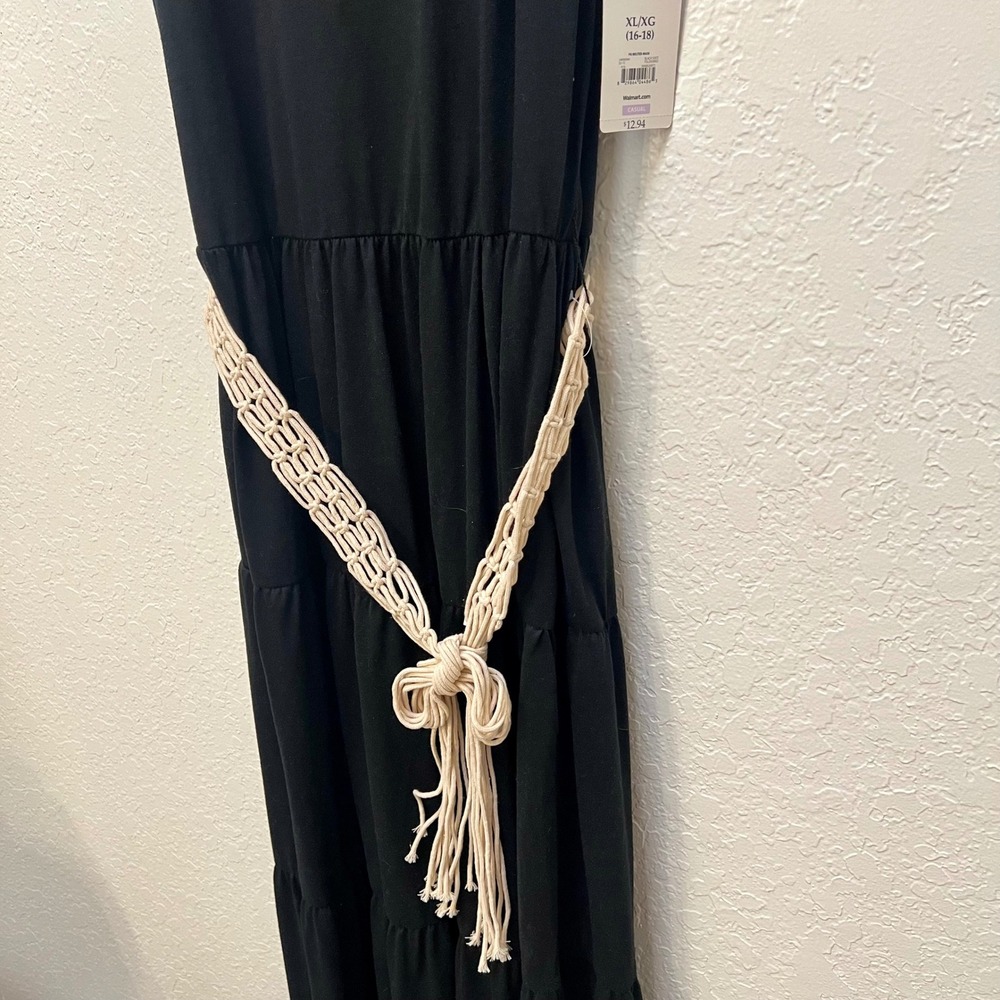 Faded Glory Womens Black Tiered Maxi Dress Macrame Belt XL 16-18 NWT Boho - Picture 4 of 7